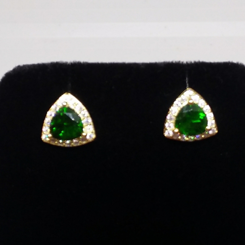 AAA Chrome Diopside & Moissenite Halo Stud Earrings in Gold over Silver